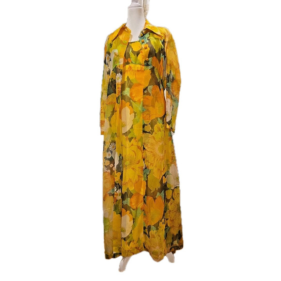 70s VTG Yellow Floral Maxi Dress + Sheer Coat Set Boho Cottagecore Festival Gown - Picture 1 of 15